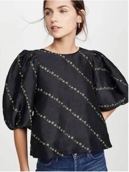 Ganni Black + Green Puff Sleeve Silk And Linen Blouse Size 0